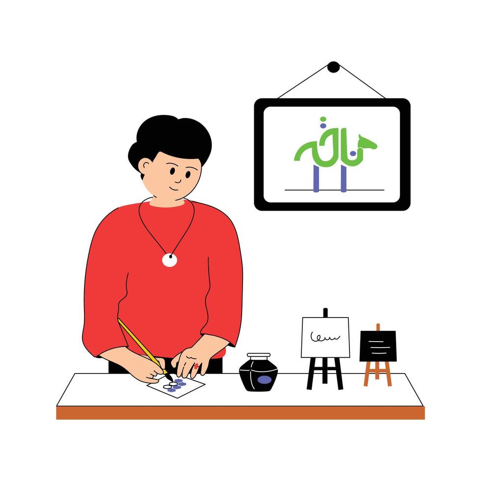 Writing beautiful scripts, mastering the art of calligraphy, calligrapher illustration vector