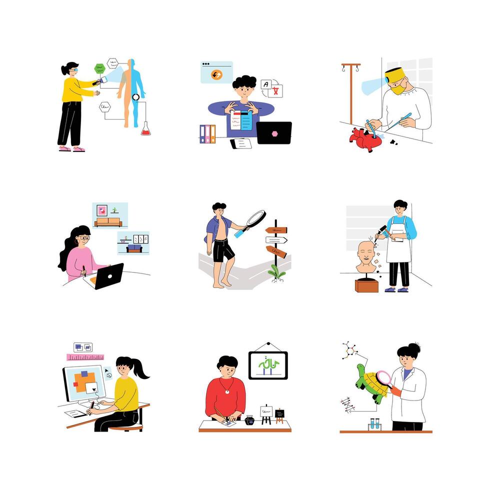 Professions and characters illustrations in modern design style vector