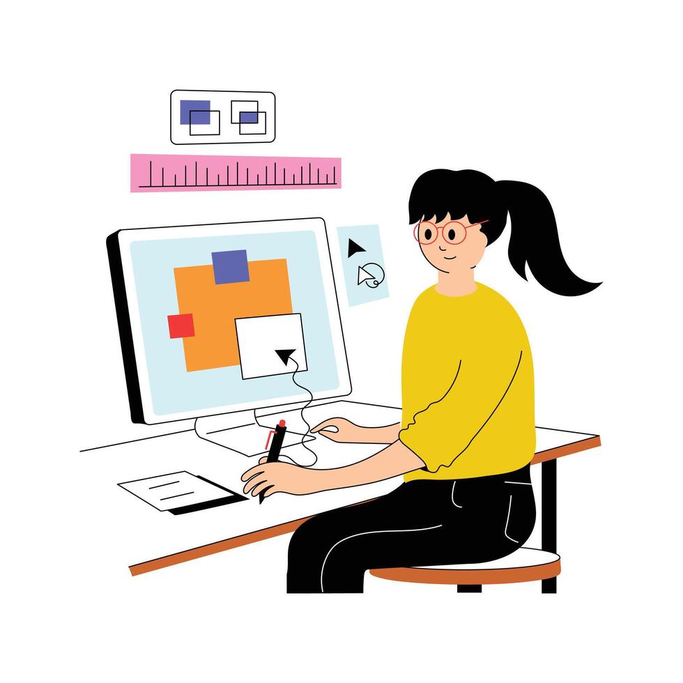 Person working on computer, flat illustration of graphic designer vector