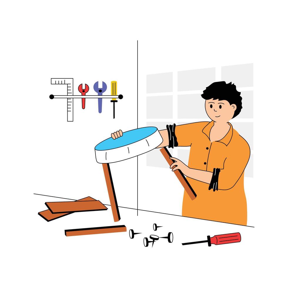 A man crafting and repairing wooden structure, carpenter flat illustration vector