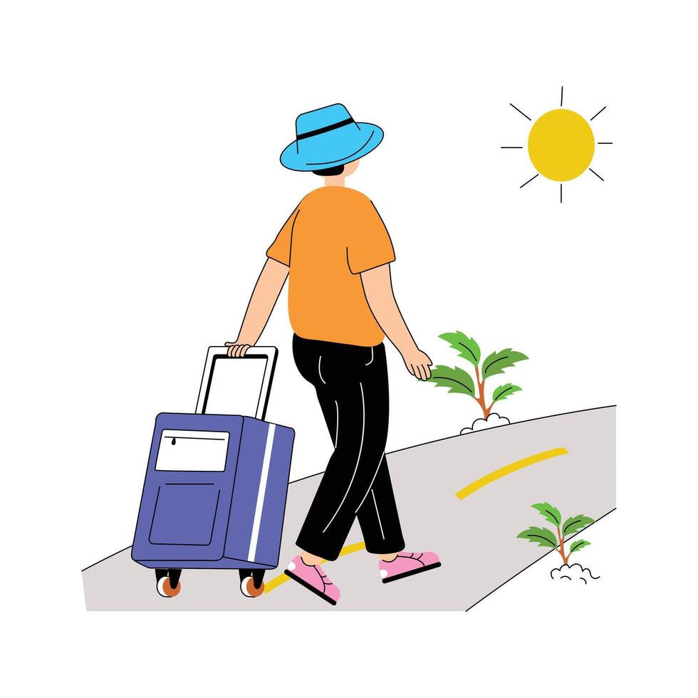 Exploring new destinations, man with suitcase, concept icon of tourist vector