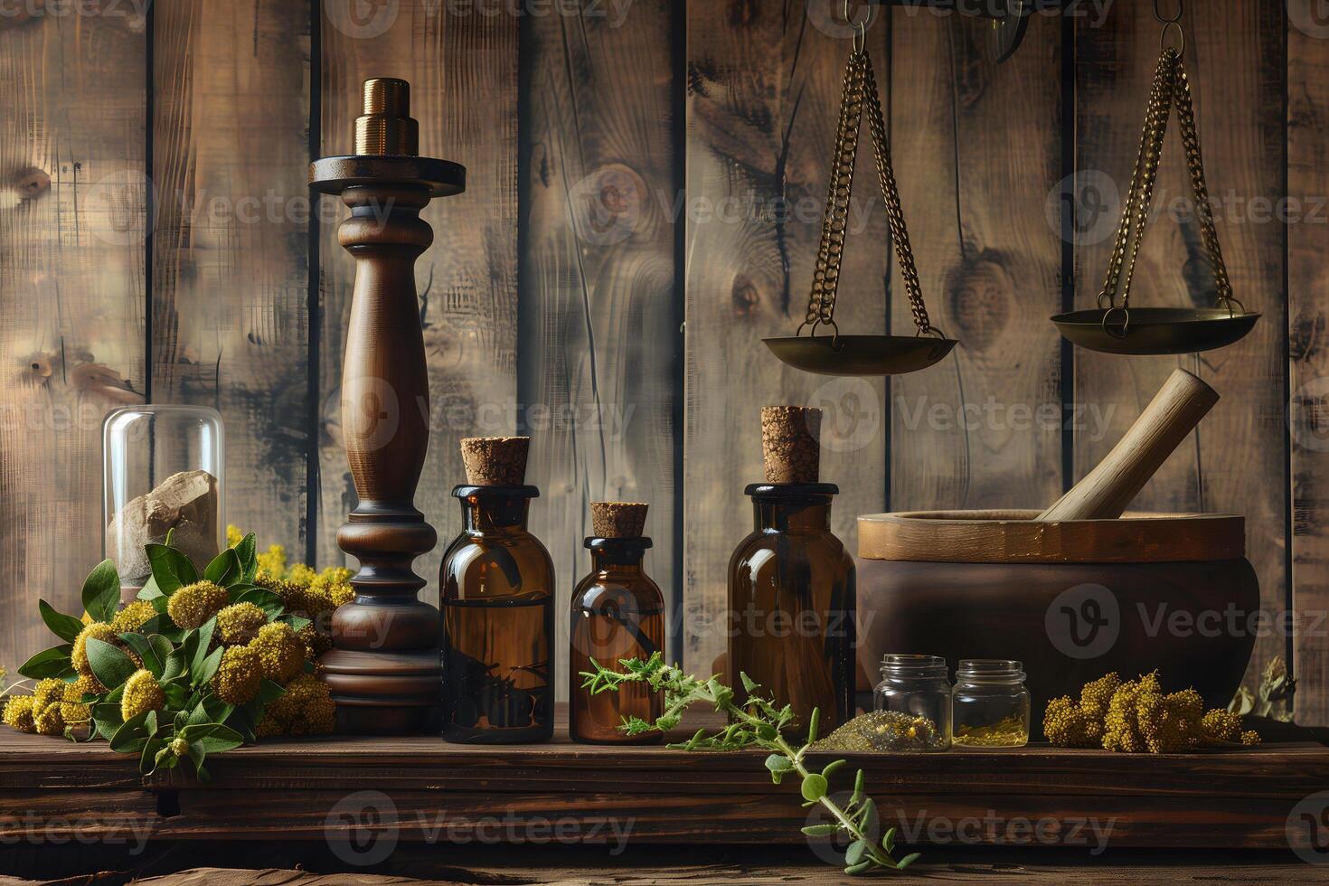 Antique lab table holds glass jars with homeopathic remedies, scales and tools, traditional of medicine preparation photo