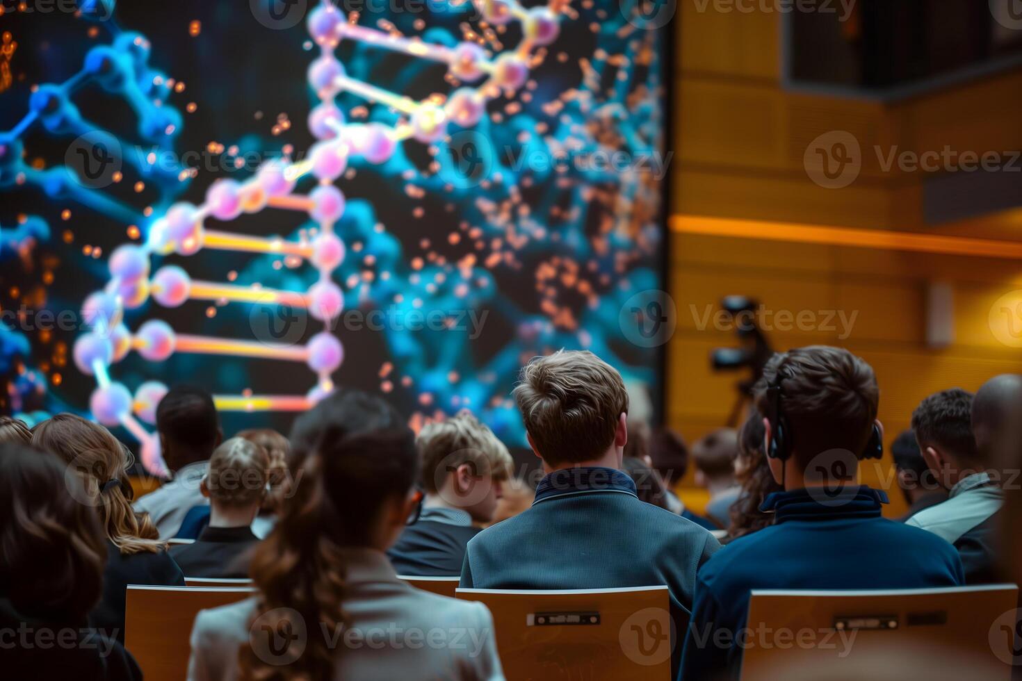In a lecture hall a group of students is captivated by a large screen displaying an educational film on DNA, modern technology enhances the understanding of complex genetic concepts photo