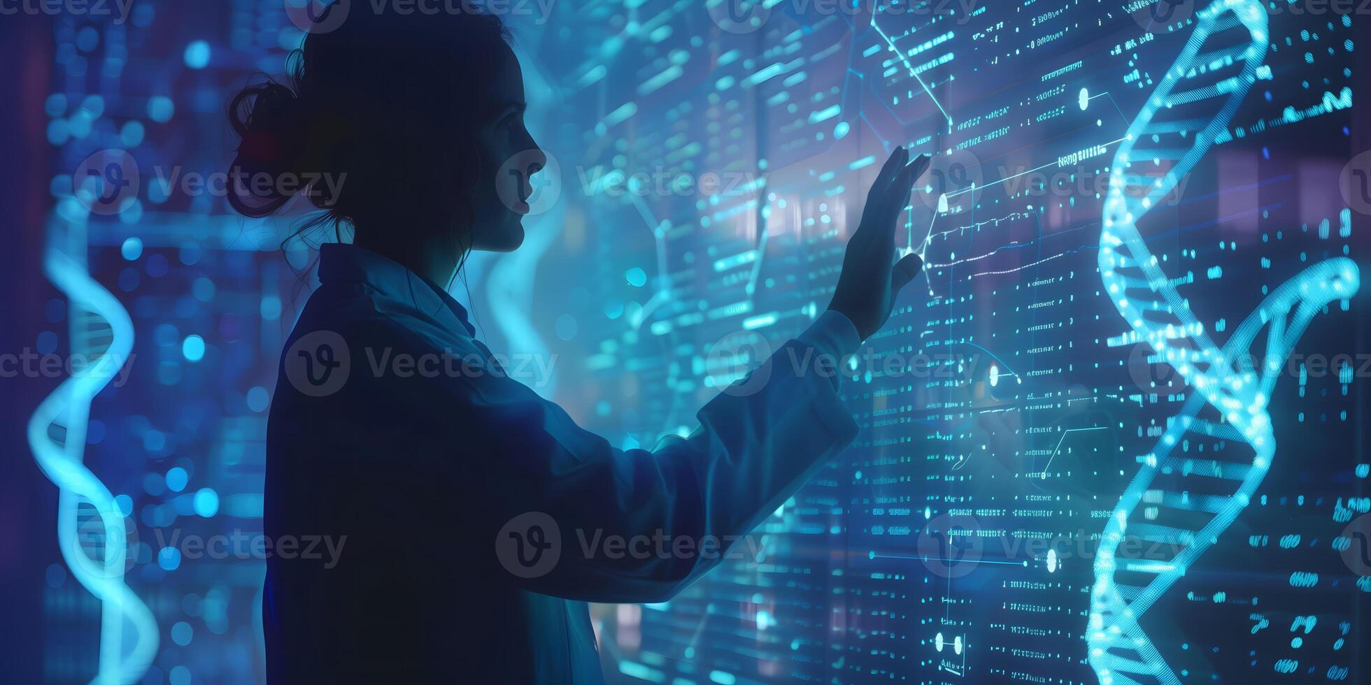A female scientist in a pristine white lab coat meticulously analyzes a DNA sequence displayed on a large high-tech digital screen photo