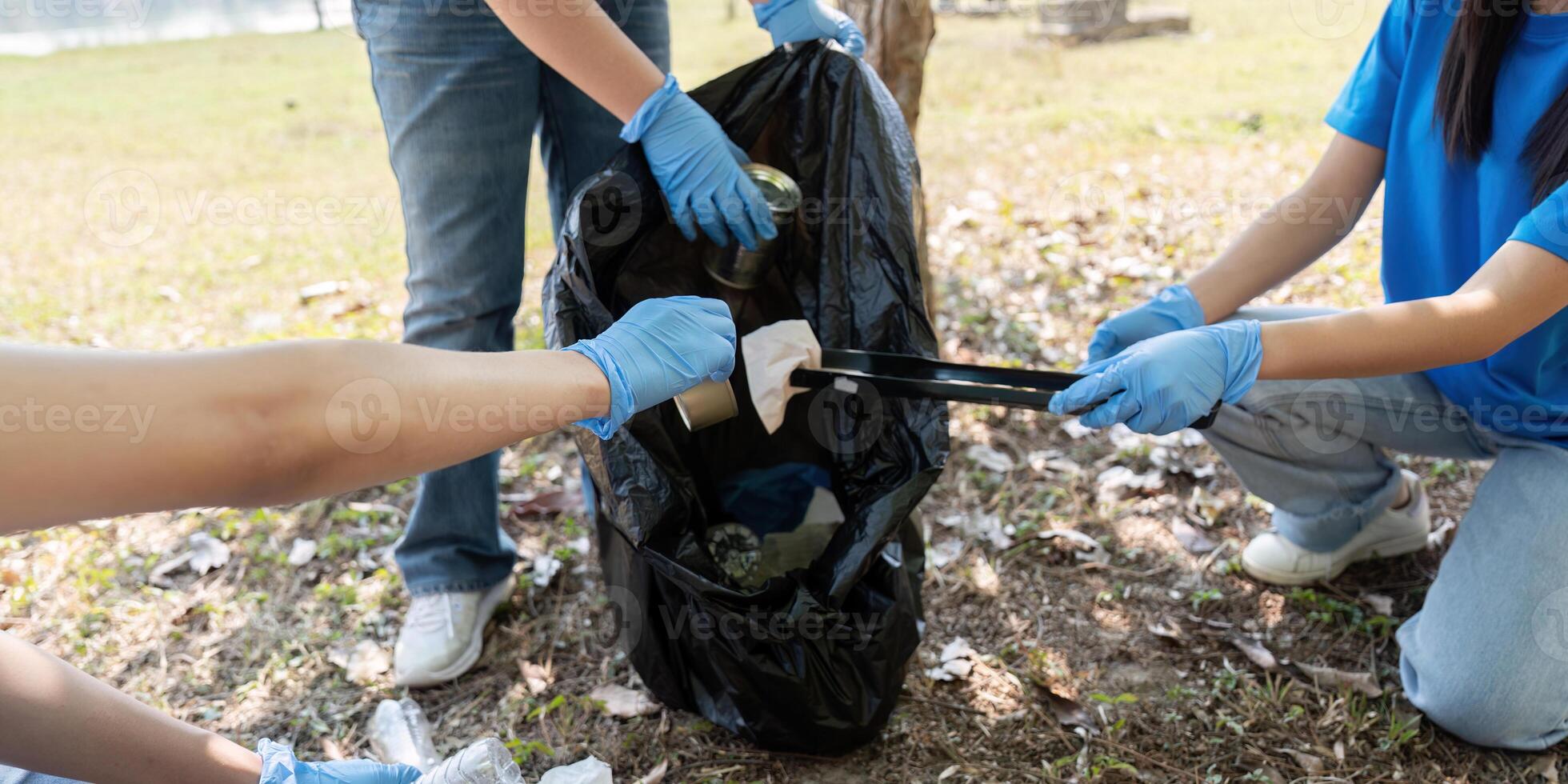 Team of Volunteers Using Gloves to Collect Trash photo