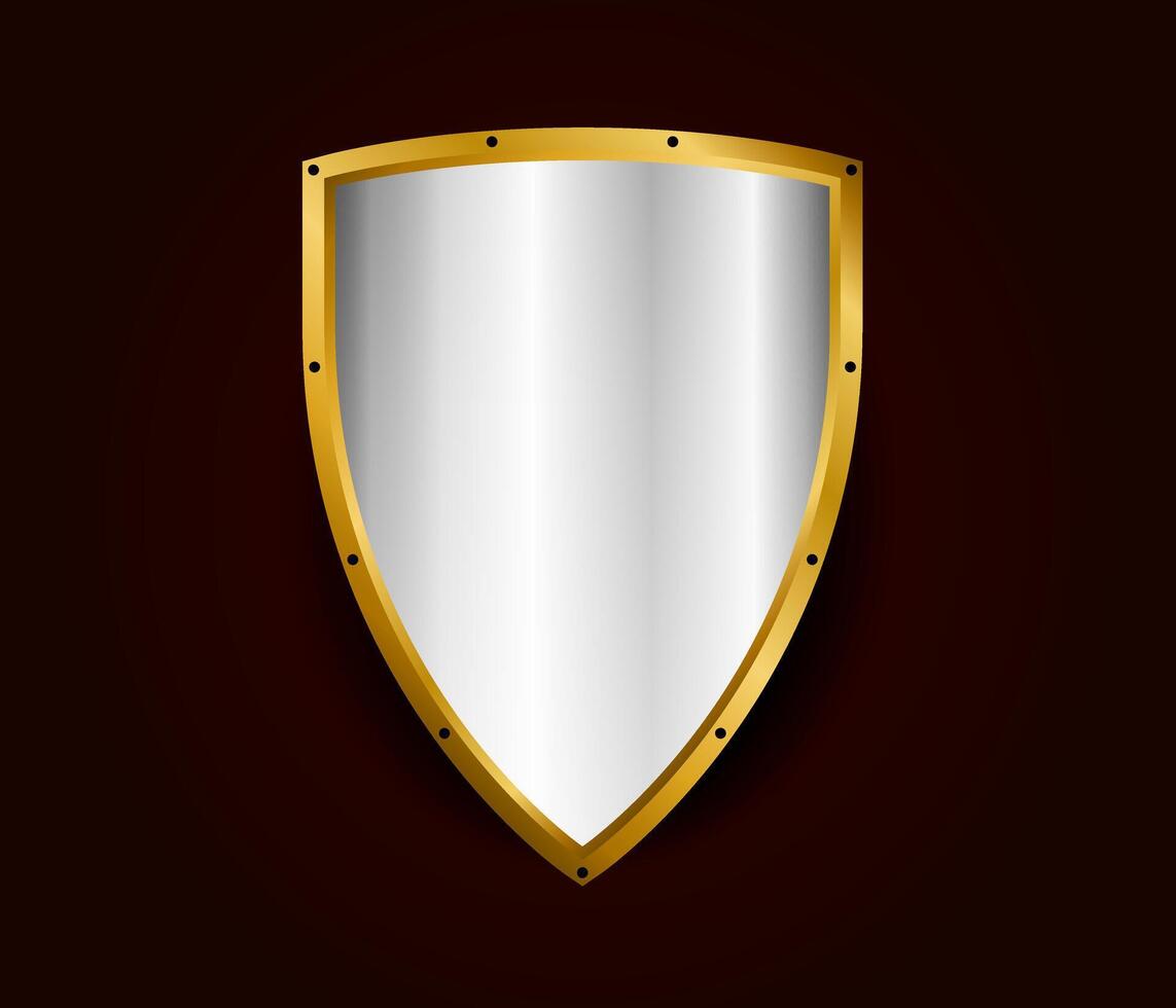 Metal realistic shield illustration. Silver with gold royal design. Security and safety symbol template vector