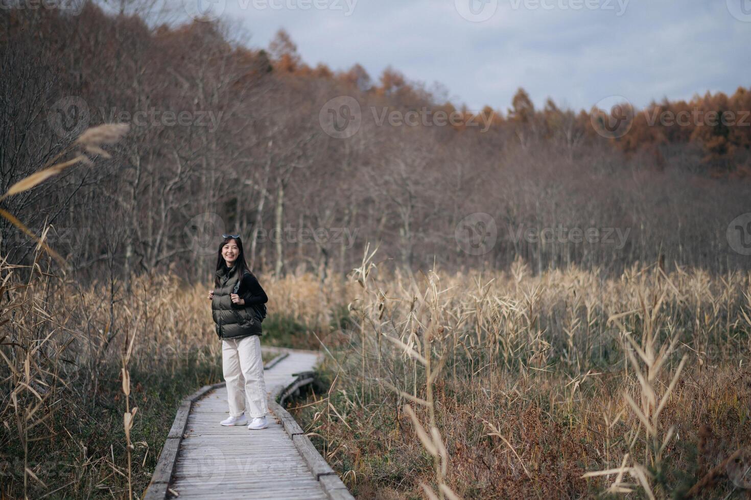 Take a trip through Japanese nature with young Asian woman, trekking along a scenic trail amidst fall's golden beauty. photo