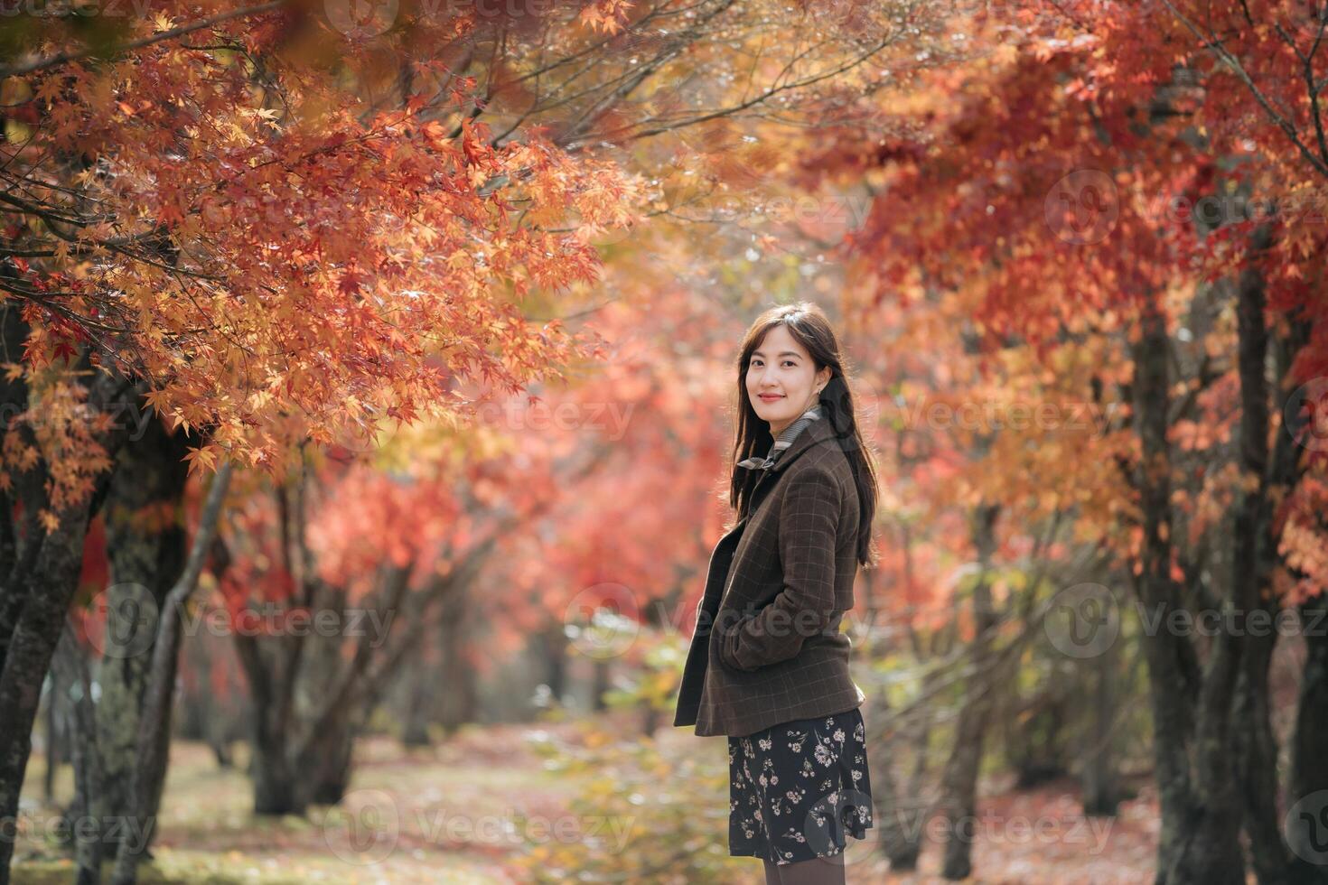 Portrait of a young Asian woman with autumn leaves photo