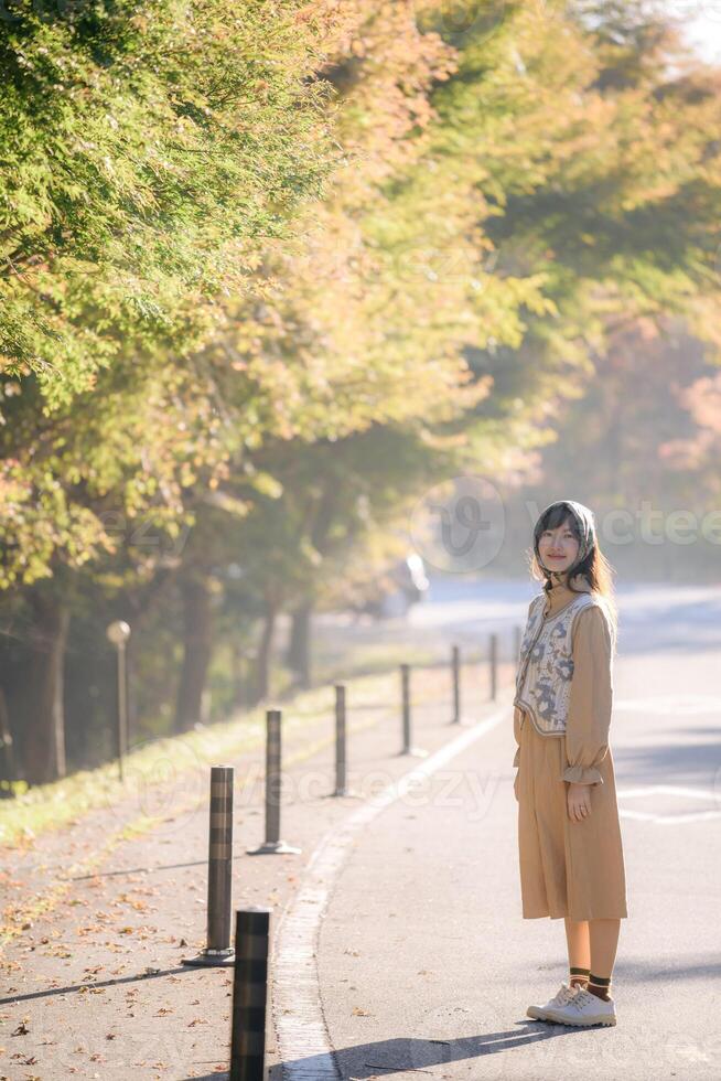 Casual dress elegance, Asian woman enjoys fall in Japan. Kyoto portrait with colorful maple foliage, capturing her cheerful smile and the refreshing beauty of the changing season. photo