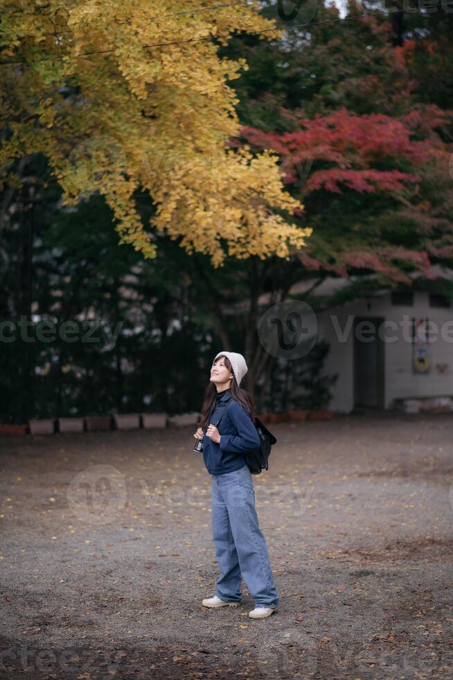 Asian woman in casual dress immerses herself in the cultural richness of Japanese shrines and temples, finding joy and peace in the heart of Tokyo and Kyoto. photo