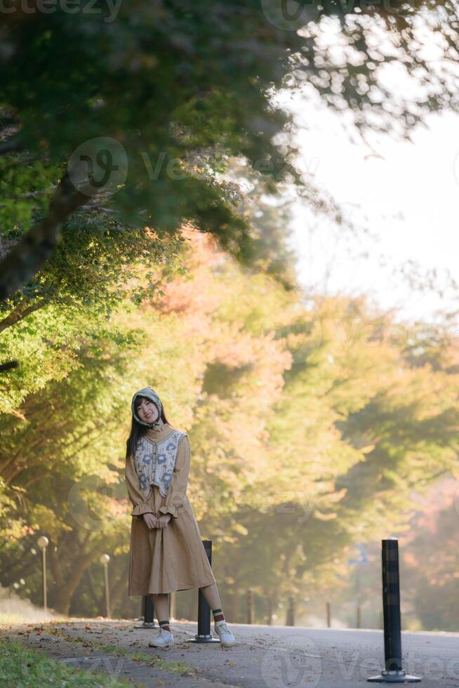 Asian woman in Kyoto's fall, wearing a casual dress. Elegant portrait amid colorful maple foliage, capturing her cheerful smile and the refreshing beauty of the seasonal change. photo