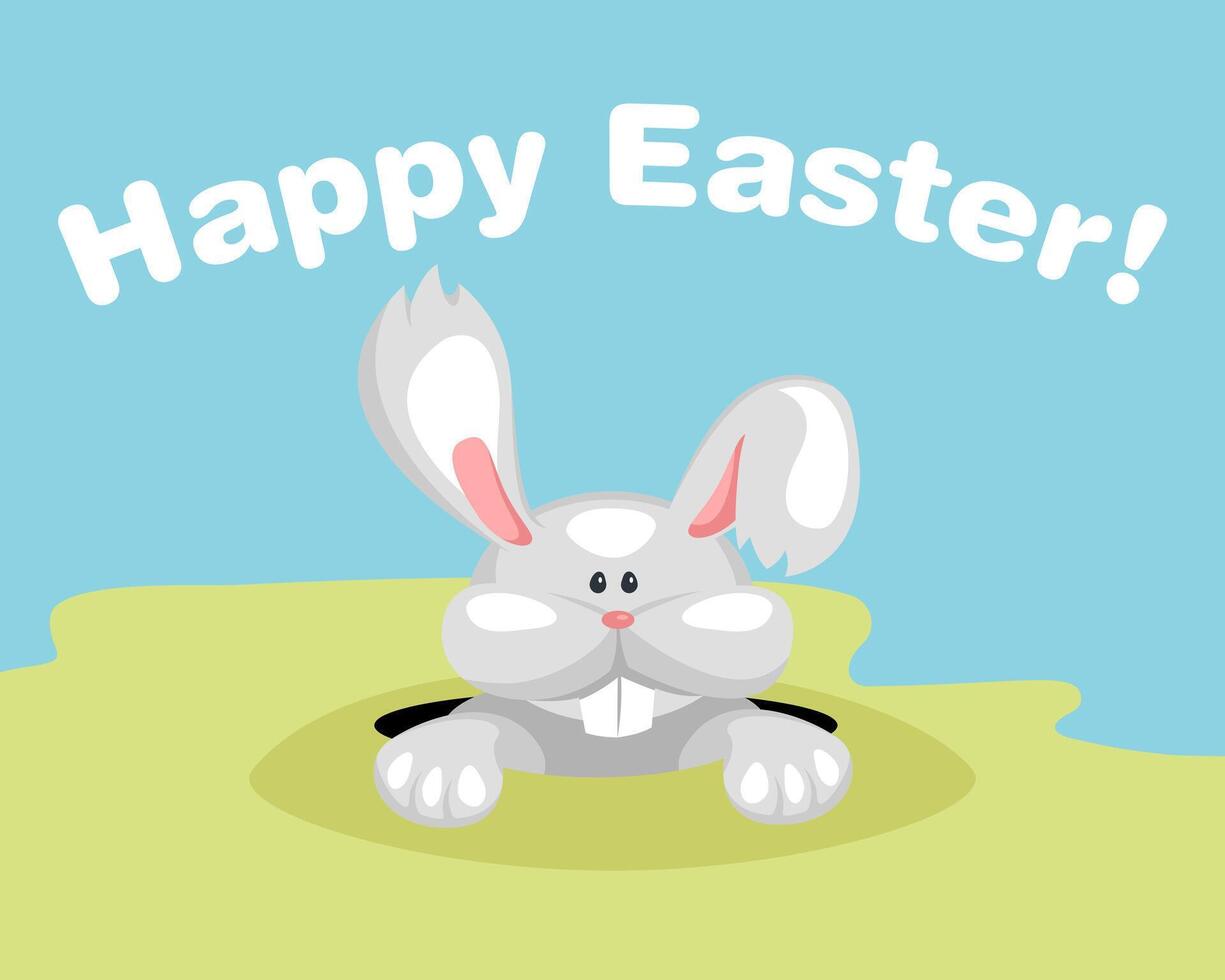 Easter rabbit in hole. Cartoon cute bunny illustration. Happy holiday celebration symbol. vector