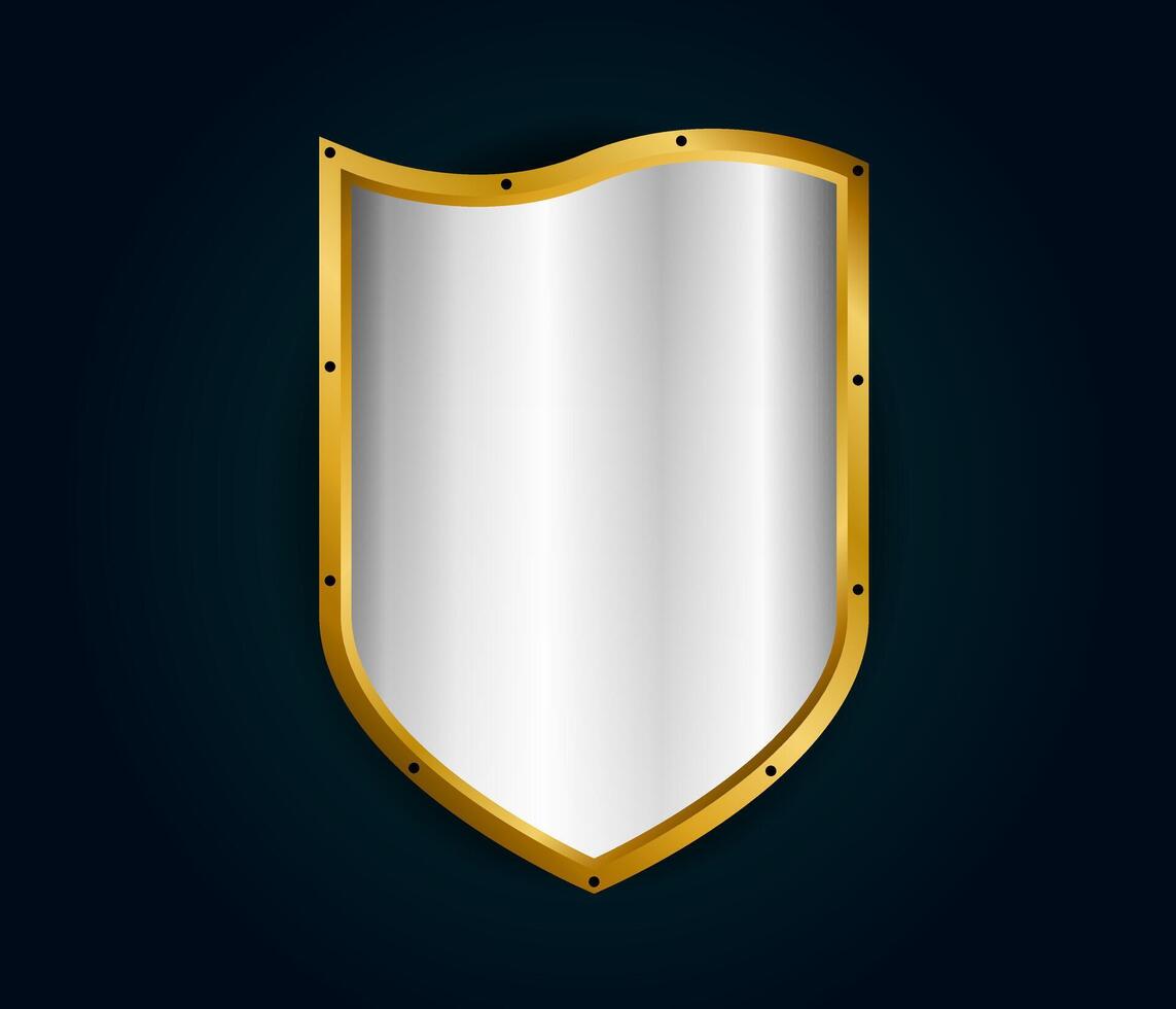 Metal realistic shield illustration. Silver with gold royal design. Security and safety symbol template vector