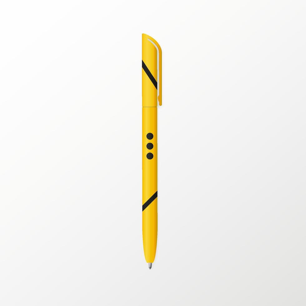 Yellow pen on a white isolated background. Corporate style yellow notepad pen with shadow. Realism 3d. School pen. vector