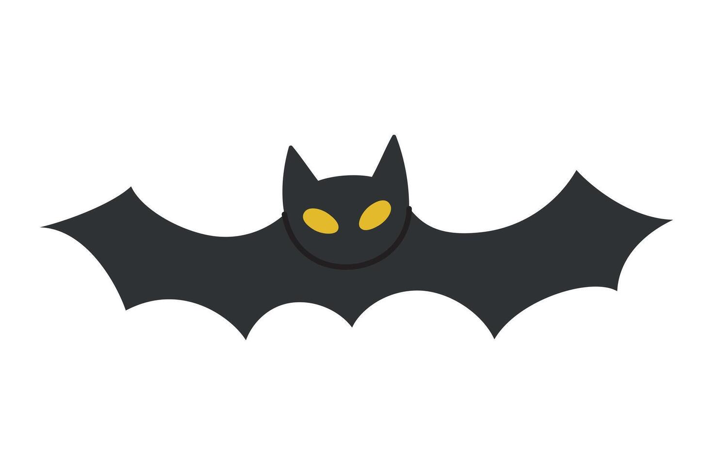 illustration of cartoon style bat with yellow eyes, icon symbol for Halloween decorations. The black bat with spread wings for spooky, nocturnal feel to festive Halloween design vector