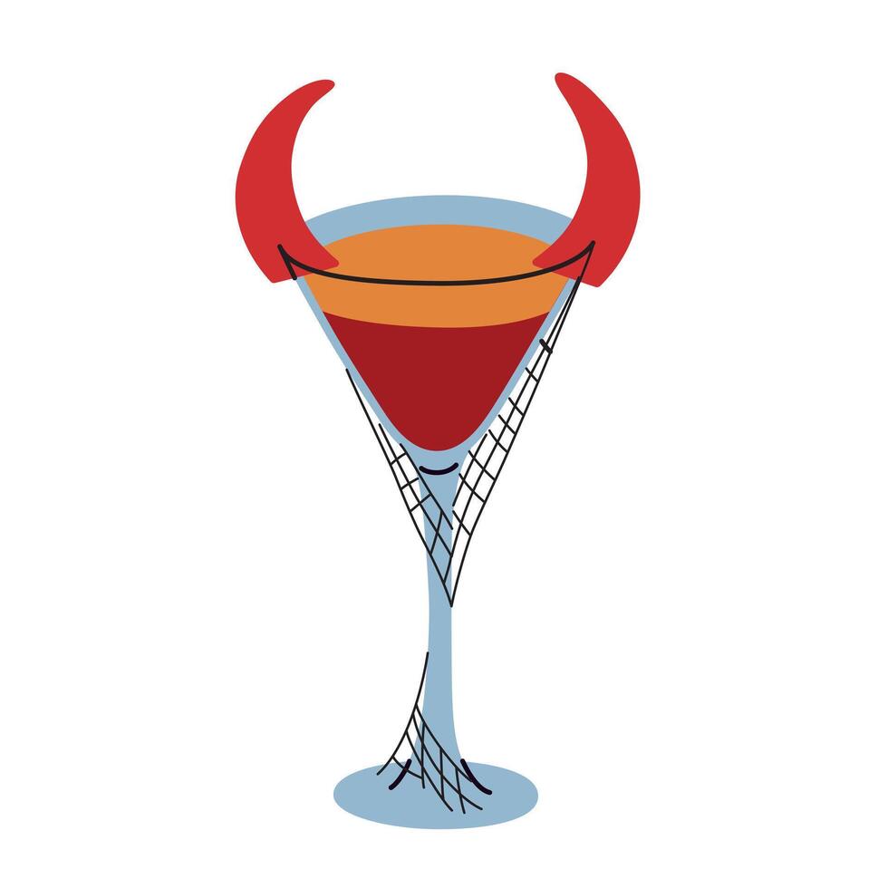 illustration of devil cocktail with red chili horns in webbed glass, drink with spooky and festive vibe. Ideal for Halloween or horror themed party decorations, cartoon sinister beverage vector