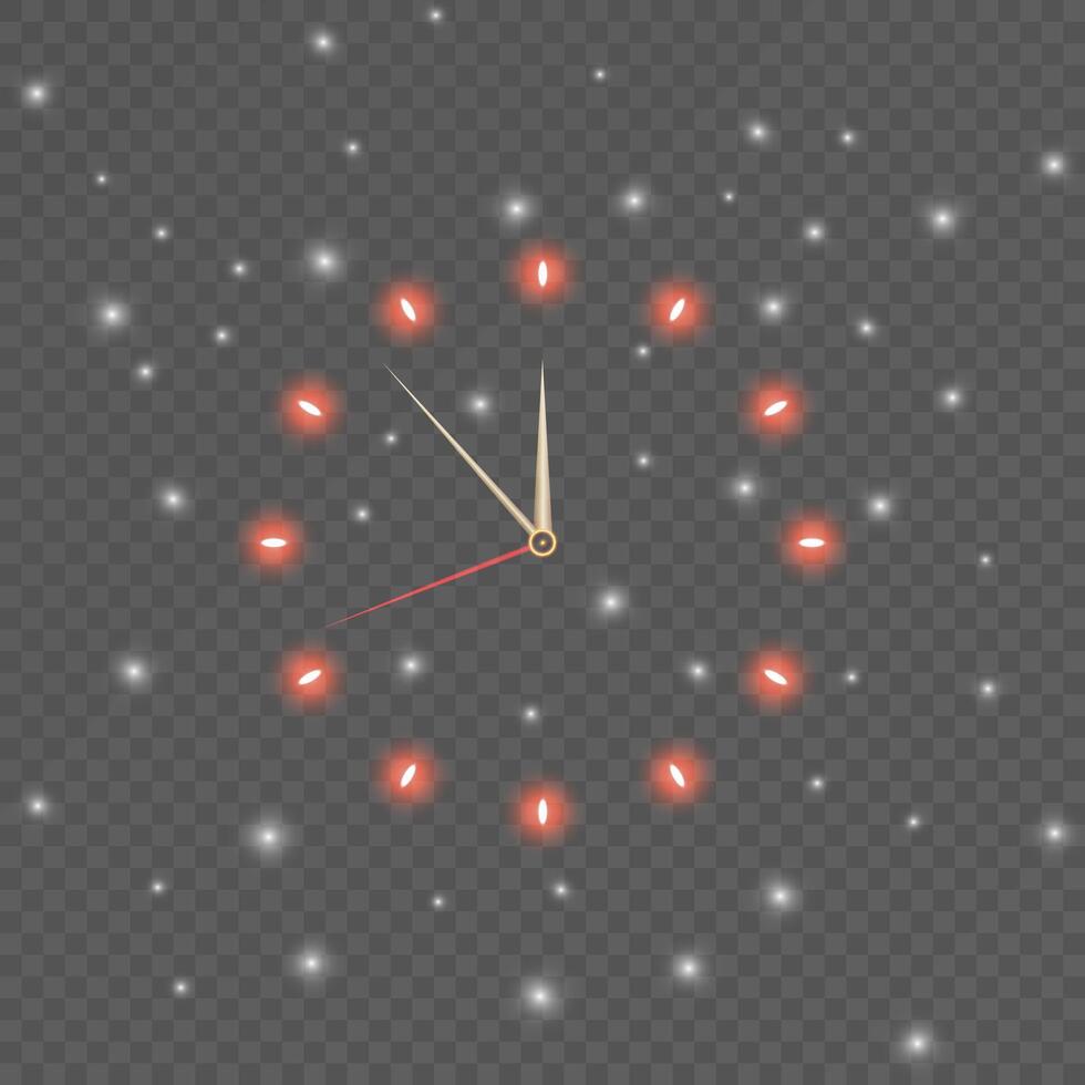 Clock face with red lights. Celestial Christmas glow with sparkling star dust vector