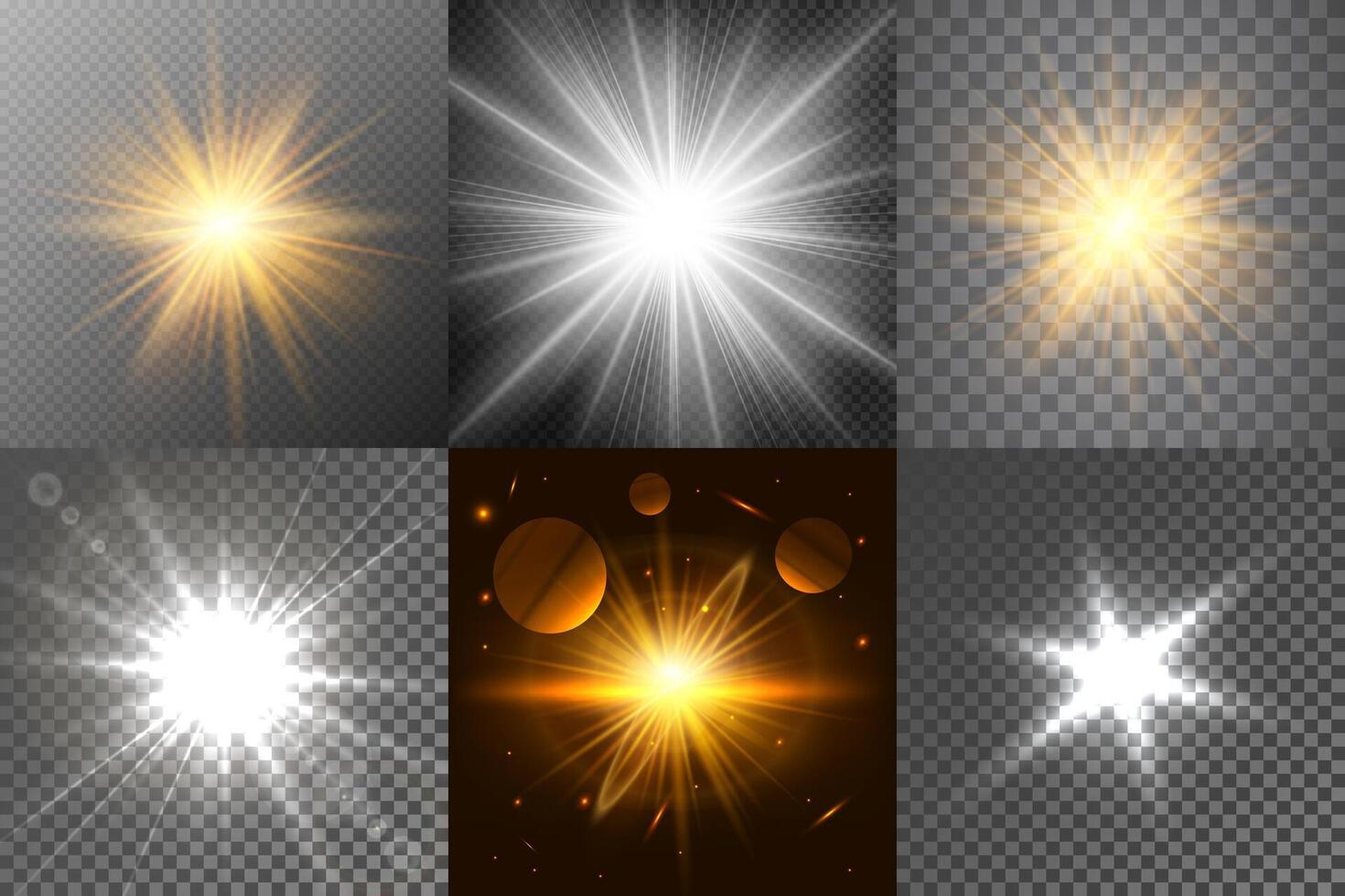 Set of glowing stars and light explosions with magic dust vector