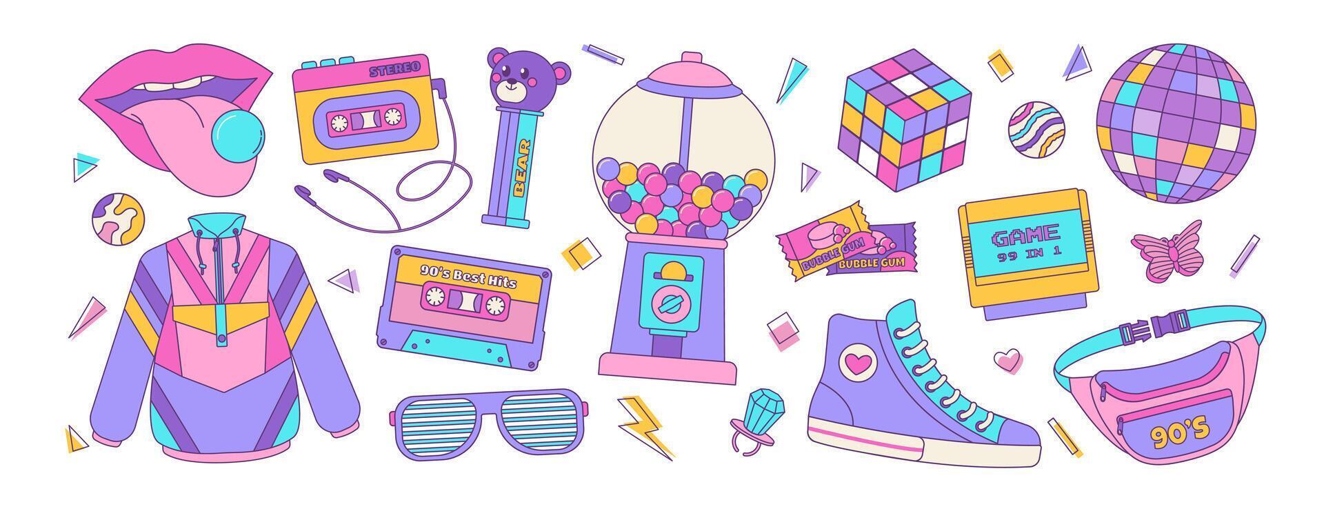 Set of colorful elements 80s 90s, retro badge, emblem, fashionable patch. Disco ball, sunglasses and bubble gum, cassette. illustration. vector