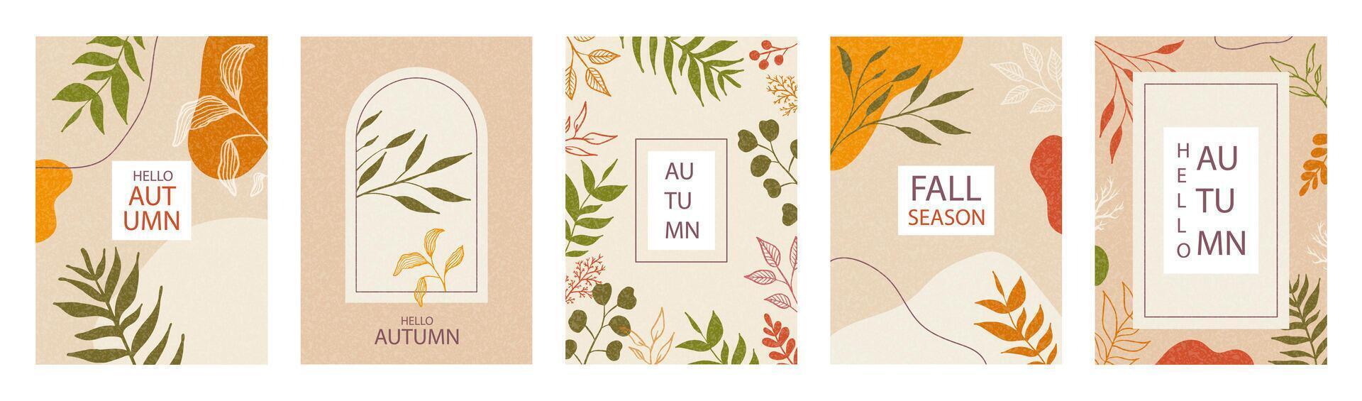 Big set of Fall poster, cover, card with autumn leaves, plants. Trendy template for advertising, web, social media, print vector