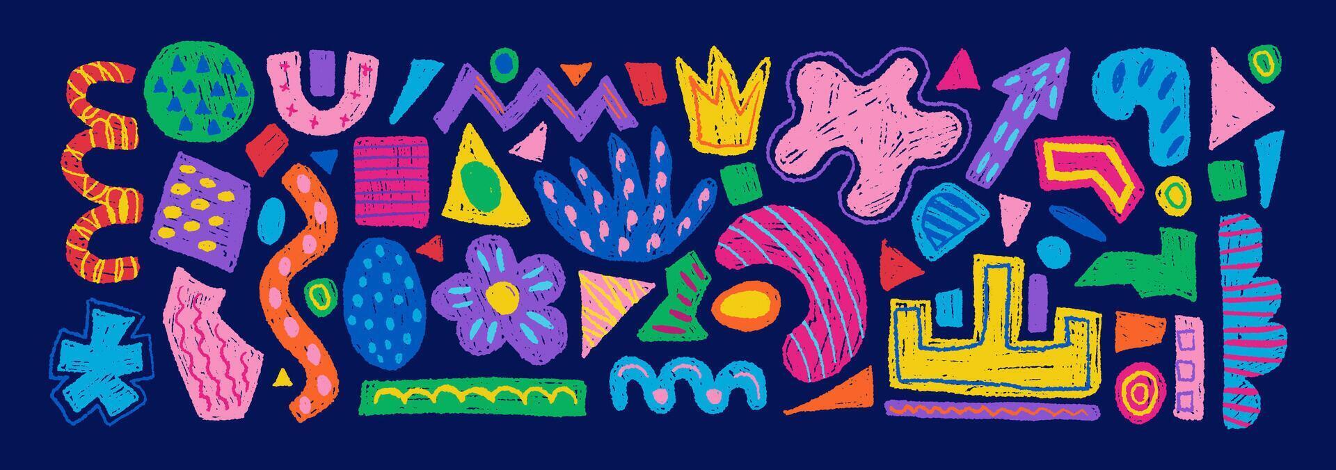 Hand drawn set of colorful abstract geometric shapes, forms. collection of contemporary texture figure in doodle style. Design element perfect for banner, print, stickers, decor vector