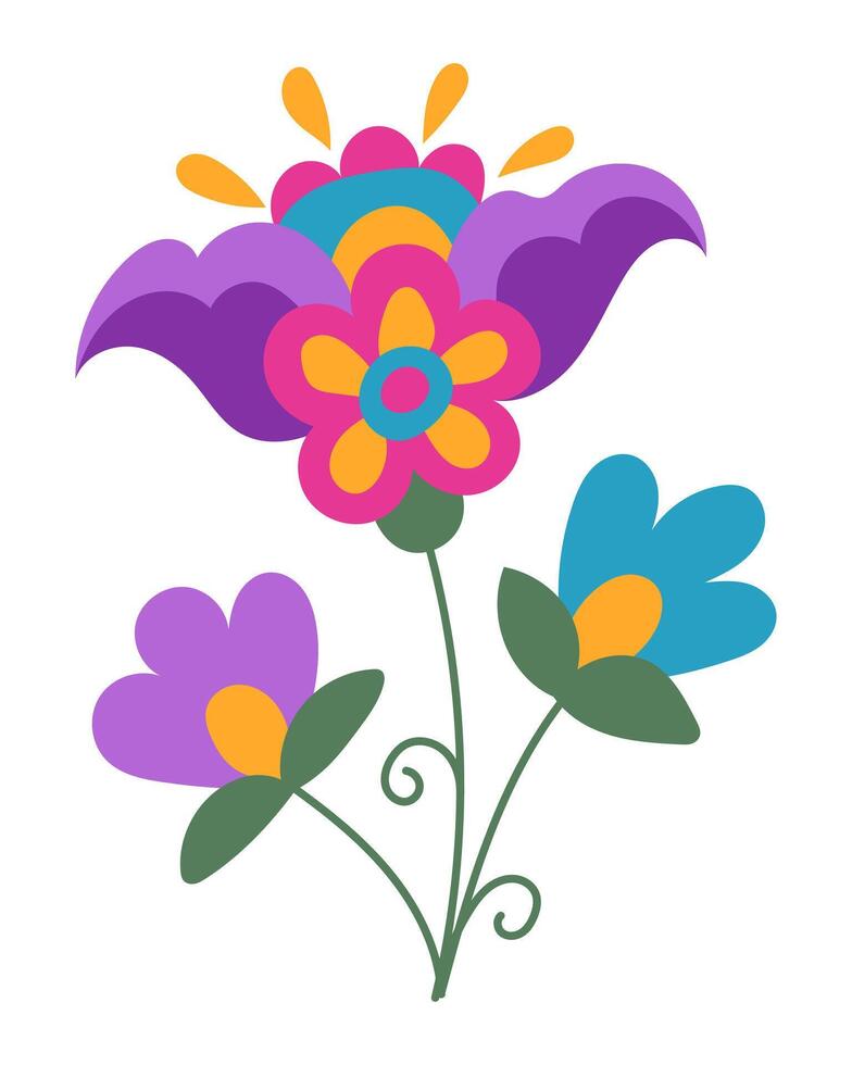 Bright fantasy flower in Mexican Folk style. Botanical flat sticker or embroidery example in Latin American traditional style. Clipart isolated on white background for day of the dead holiday vector