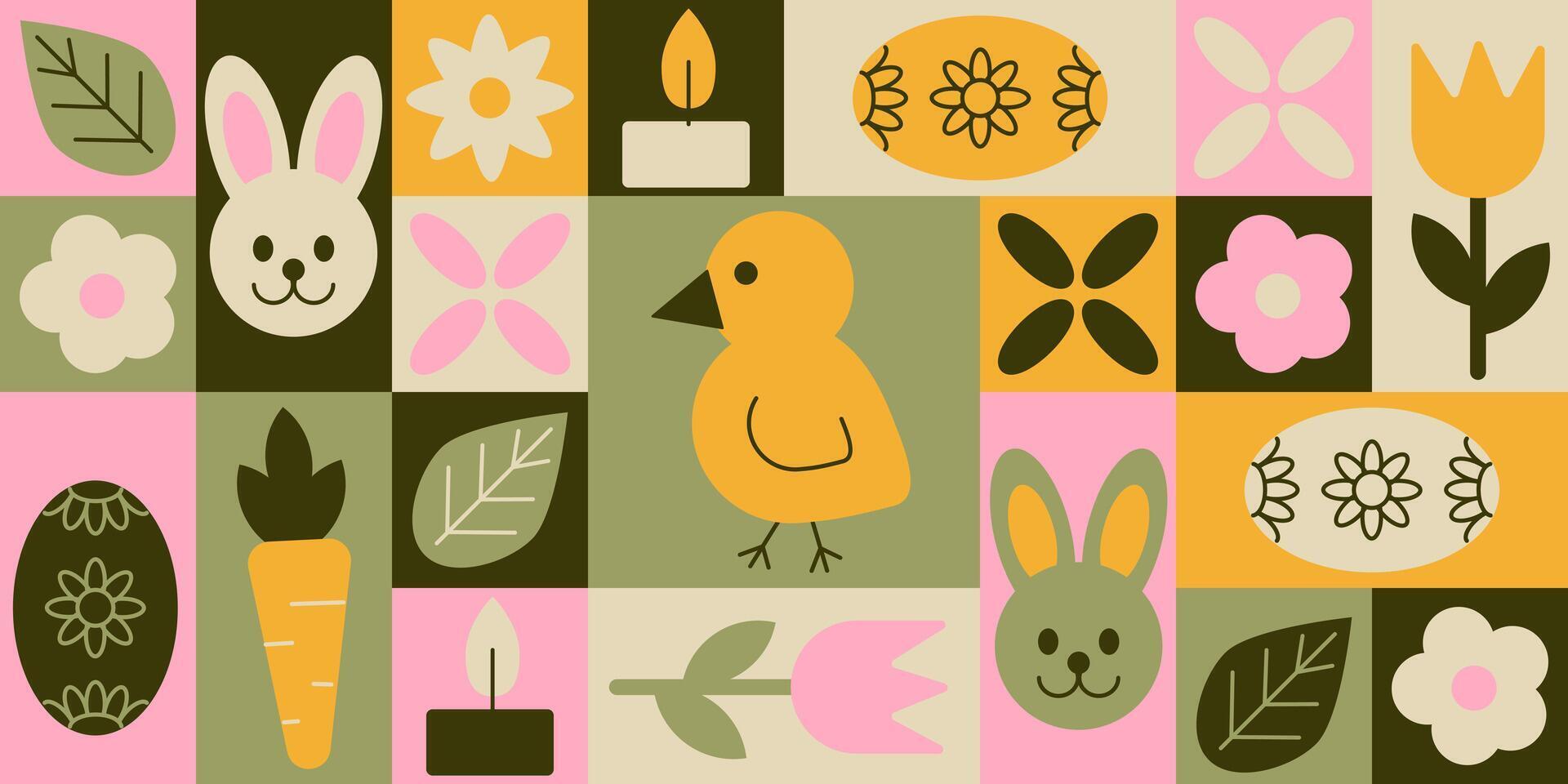 Easter horizontal banner in geometric style with nature elements and flowers. Season holiday items in simple geometric shapes, flat style. Good for background, greeting card vector