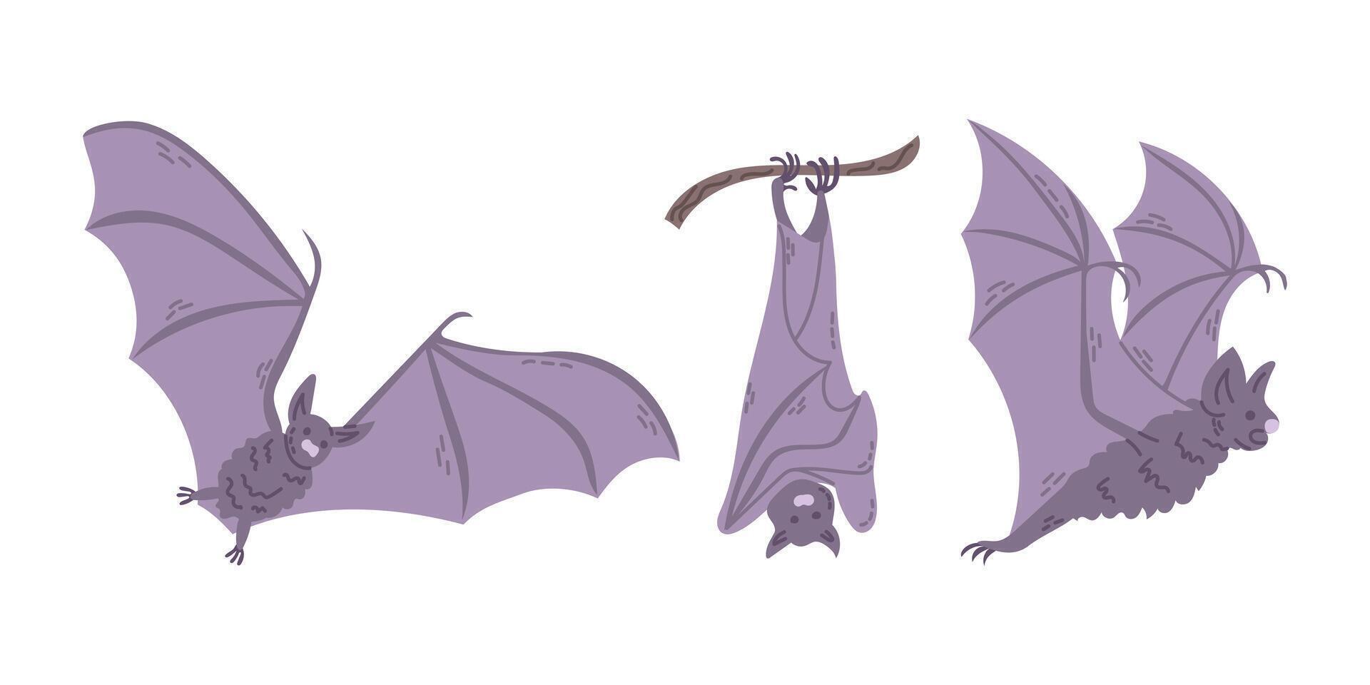 Flat hand drawn set of cute Halloween bats. Hanging, flying animal isolated on white background. Spooky design for autumn holiday. Good for stickers, decoration vector