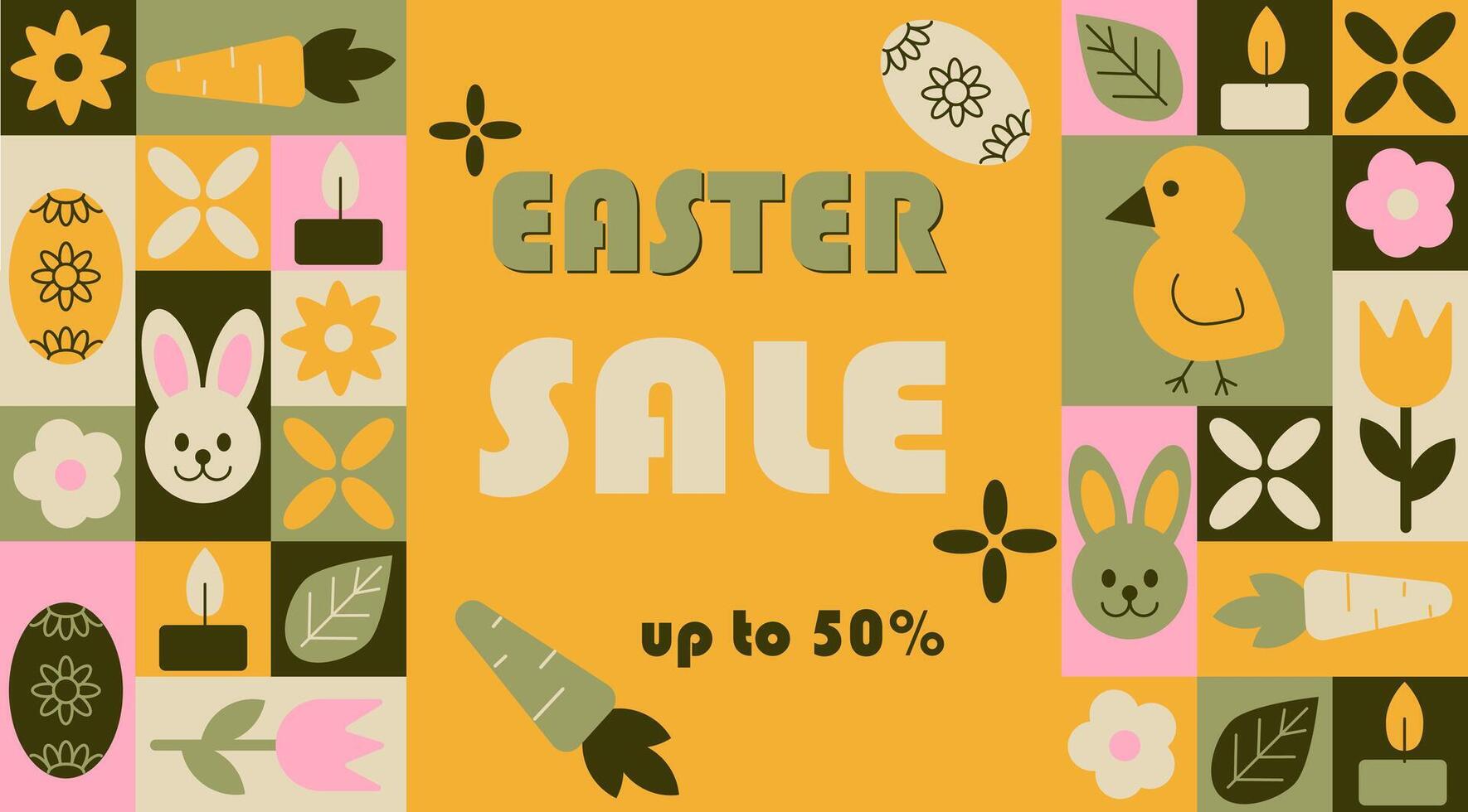 Easter sale high contrast abstract horizontal banner in geometric style. Spring holiday elements in simple geometric shapes, flat style. Good for advertisement and trading vector
