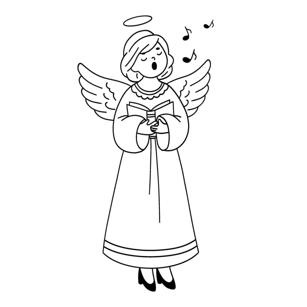 Black and white linear illustration with an angel. Christmas angel. An angel singing a Christmas song. Christmas doodle illustration. vector