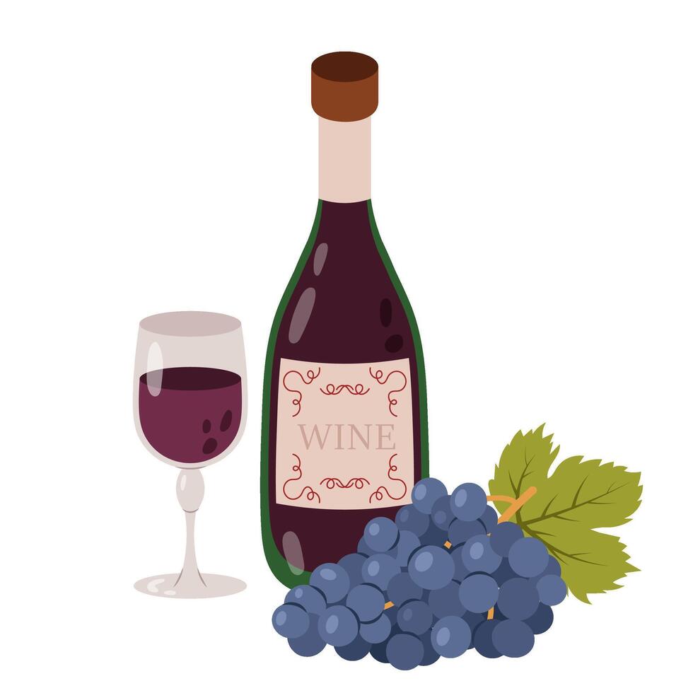 A bottle of red wine. A wine glass. A ripe bunch of grapes. A classy alcoholic drink. Flat style illustration on a white background. vector