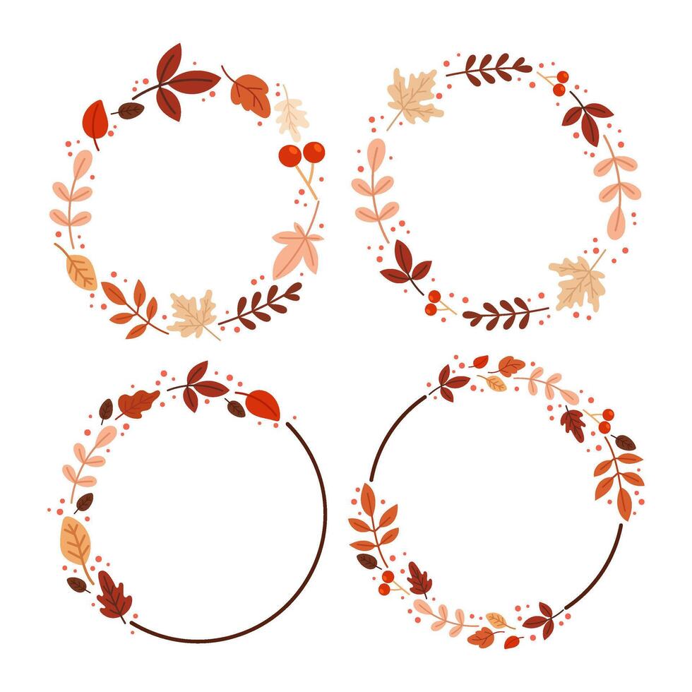 A set of autumn wreaths made of leaves and twigs. Autumn frame for greeting card, sale or promotional poster, flyer, web banner, network poster. Fall decoration. vector