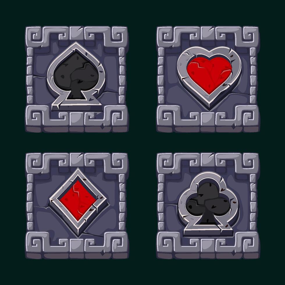 Playing card icons in stone square frame. Maya or Aztec slot symbols. Symbols heart, spade, diamond, and club for your casual game vector