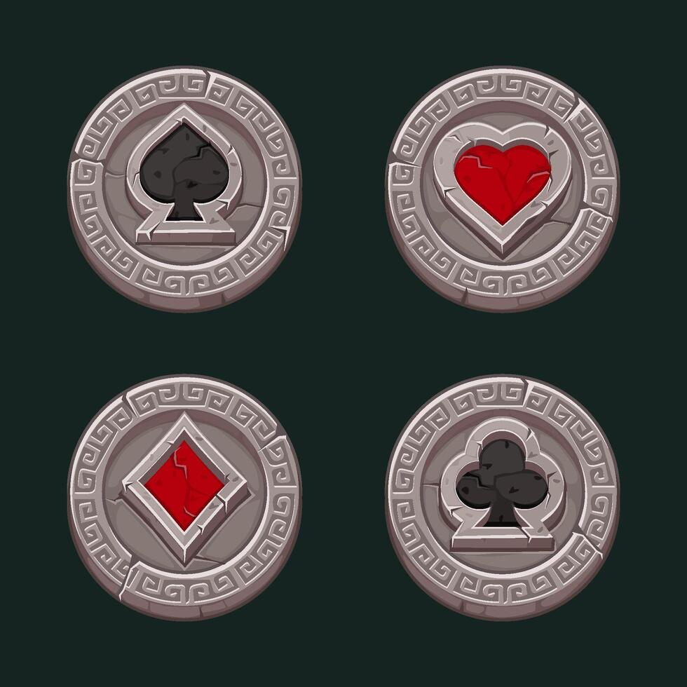 Playing card icons in stone frame. Maya or Aztec slot symbols. Symbols heart, spade, diamond, and club for your casual game vector