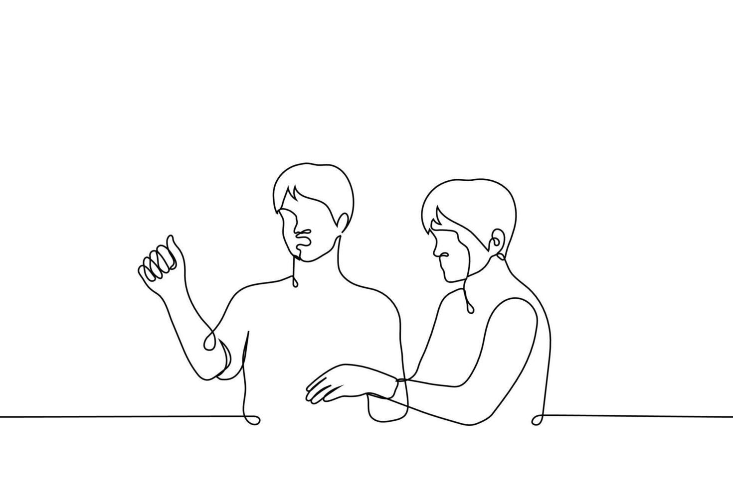 man shakes his fist calms him down or takes him away with another - one line drawing. concept indignant or angry customer yells his friend or security pulls his hand vector
