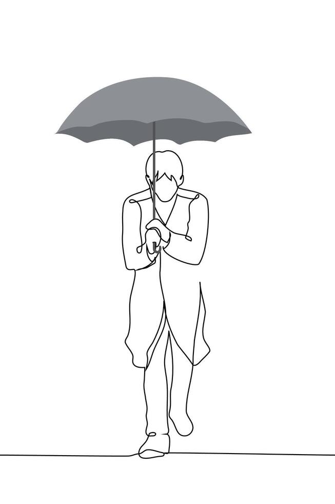 man in long raincoat walks under umbrella full length blown by wind - one line art . concept lonely man keeps walking in rain vector
