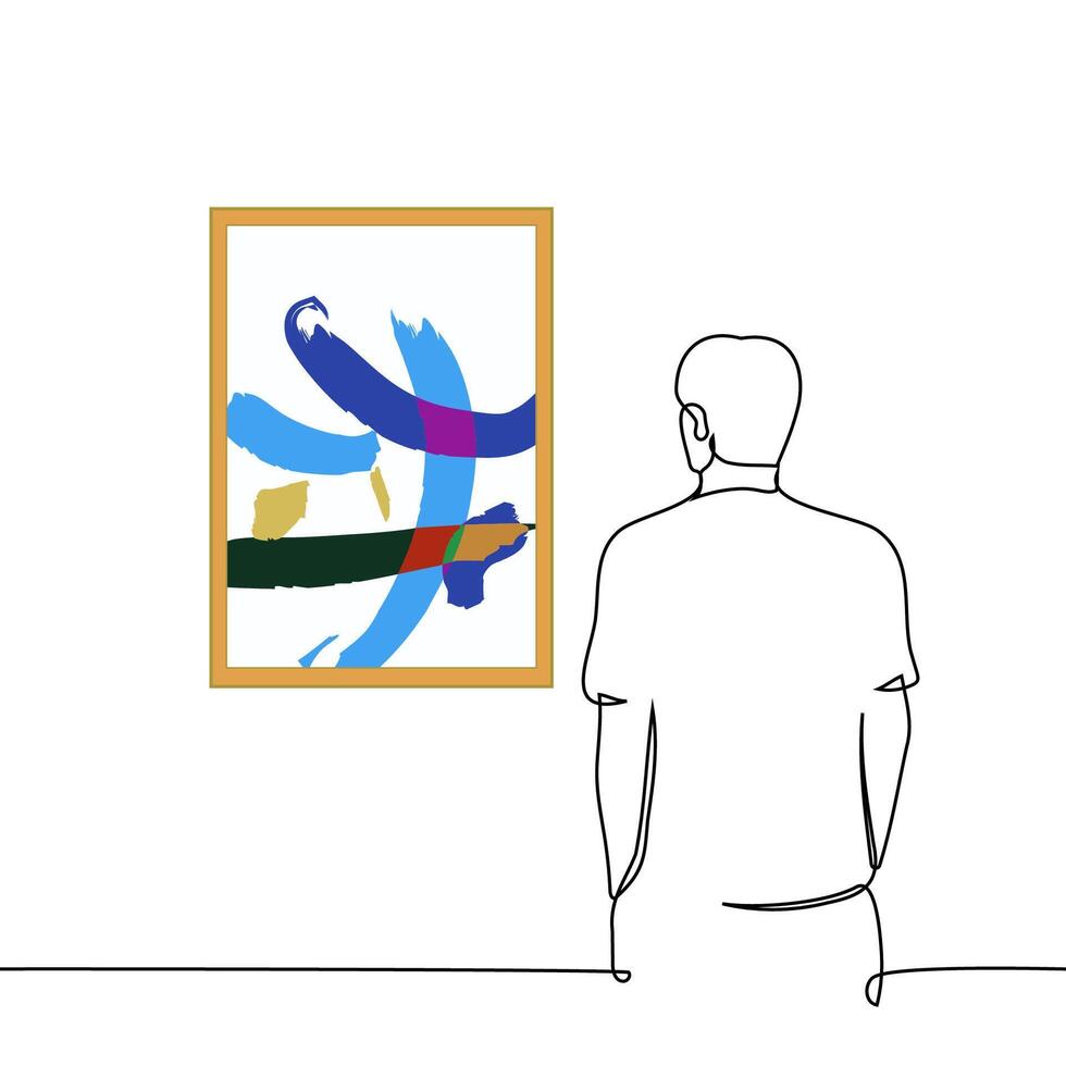 man standing in front of abstract painting with hands in pockets - one line art . concept visitor to gallery or museum of abstract art vector