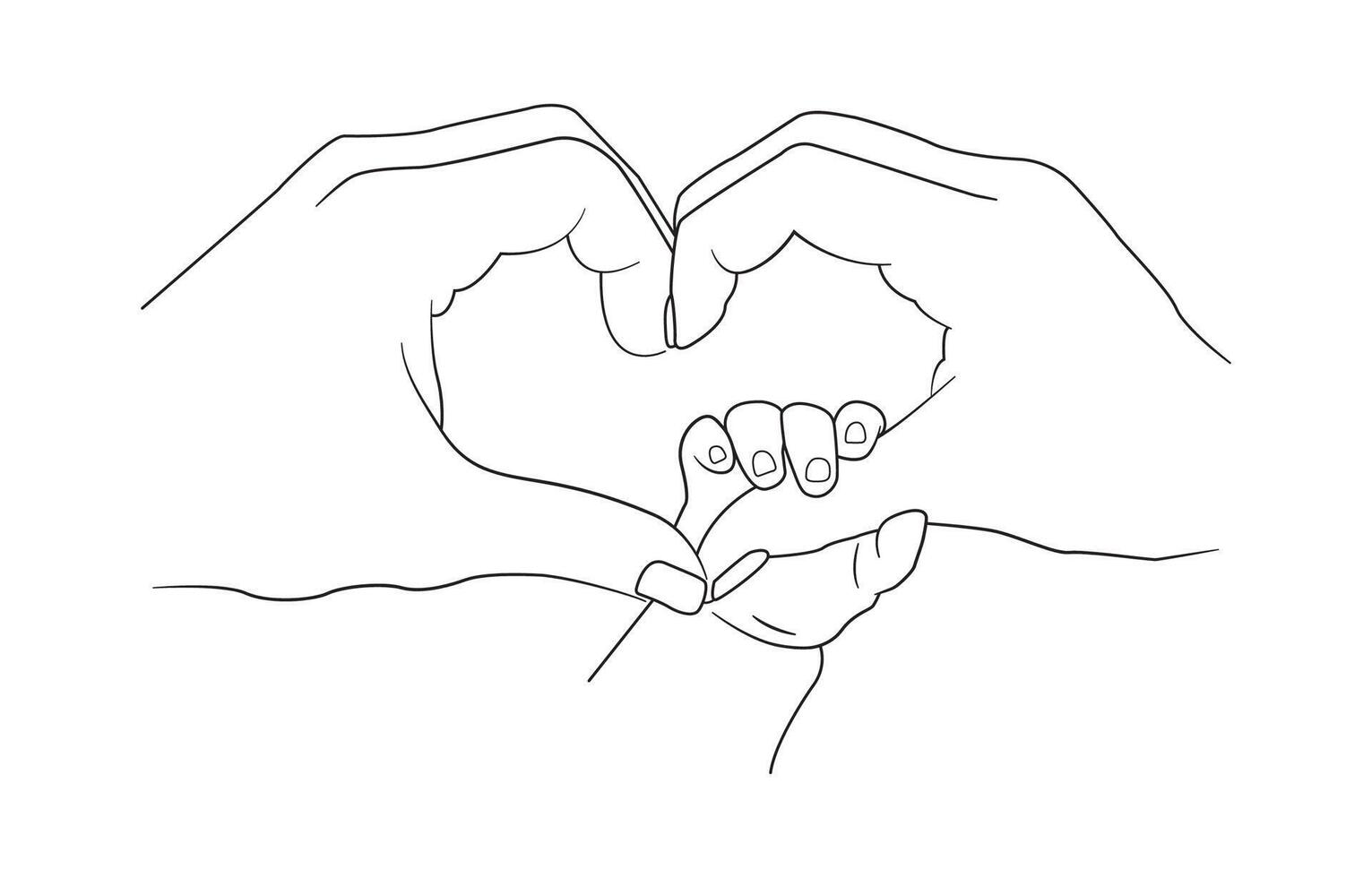 mother hands forming a heart shape and baby hand. creating a symbol of love. Doodle black sketch ink line. vector