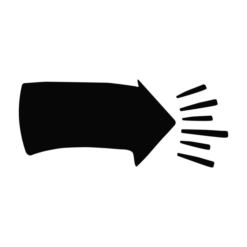 black arrow pointing to the right with lines radiating from its tip. The arrow is stylized with a curved shape and the radiating lines. vector