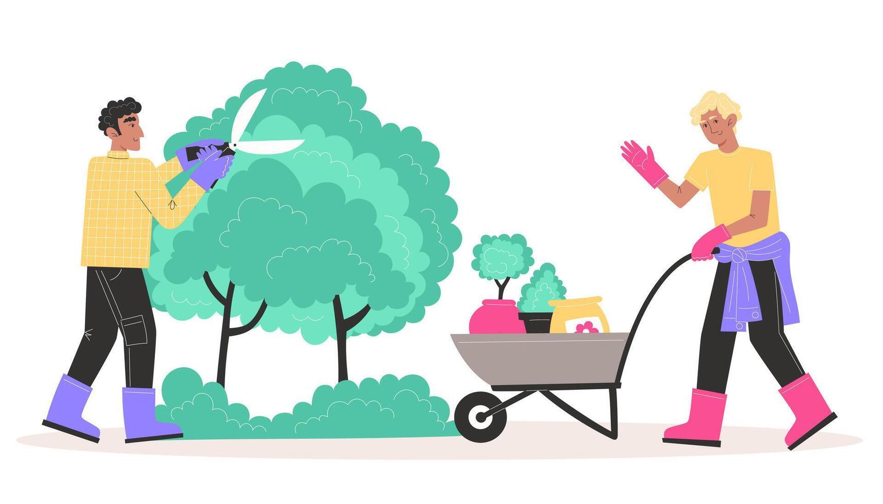 People take care of the garden, men trim bushes in the garden with garden shears and carry a cart with potted plants and fertilizer vector