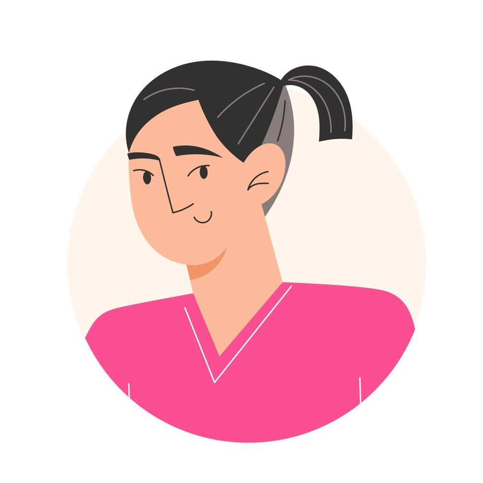 User icon of a young Asian man with black hair in a ponytail in a flat style vector