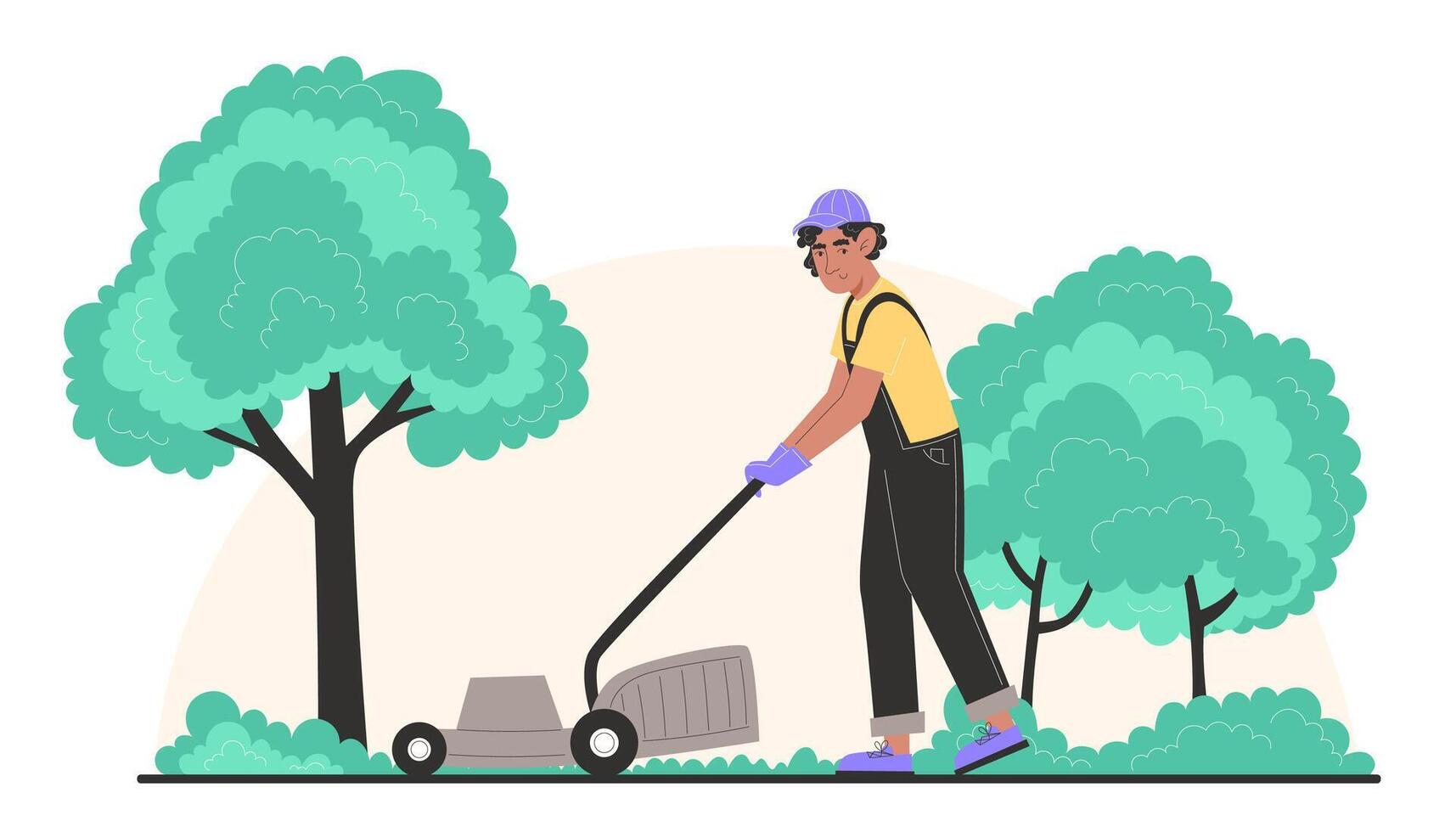 A young man mows the lawn with a lawnmower vector