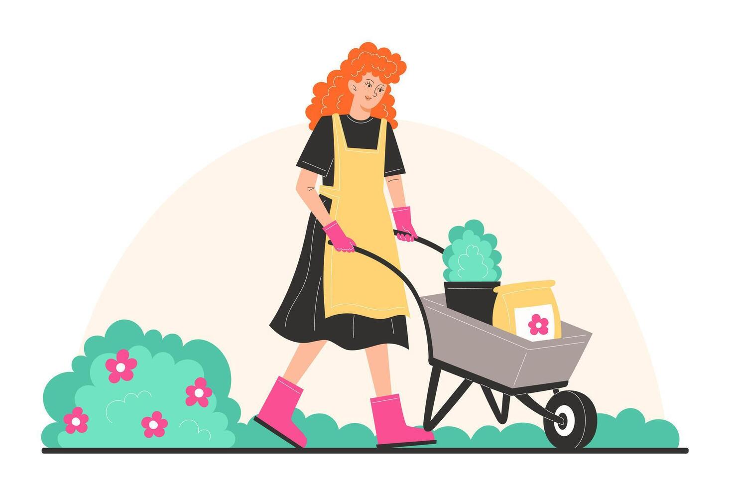 A young woman in garden clothes is carrying a cart with potted plants and fertilizer vector