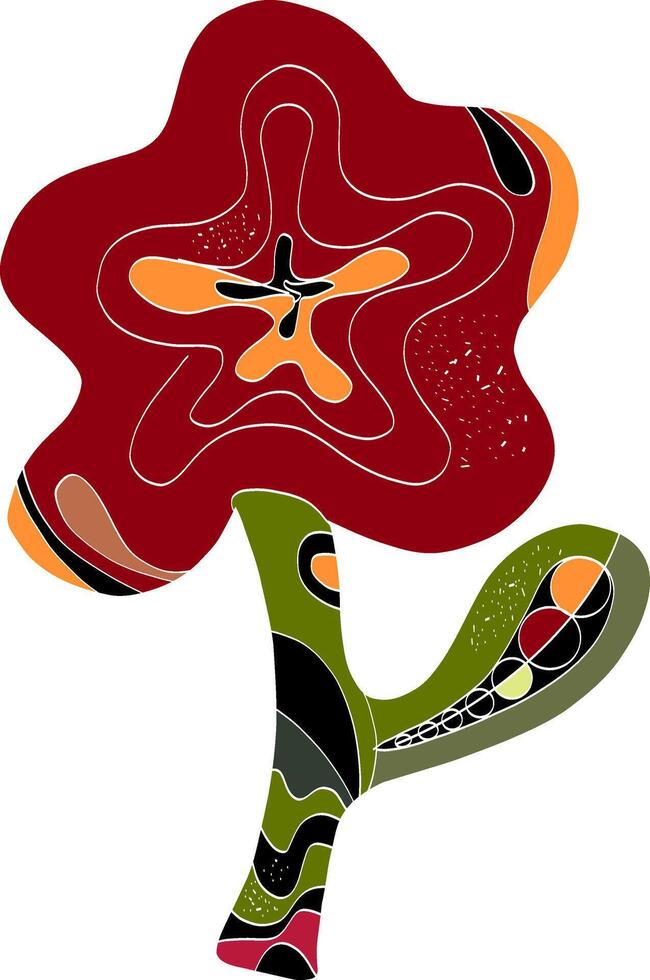 a red flower with a green leaf and a black and orange flower vector