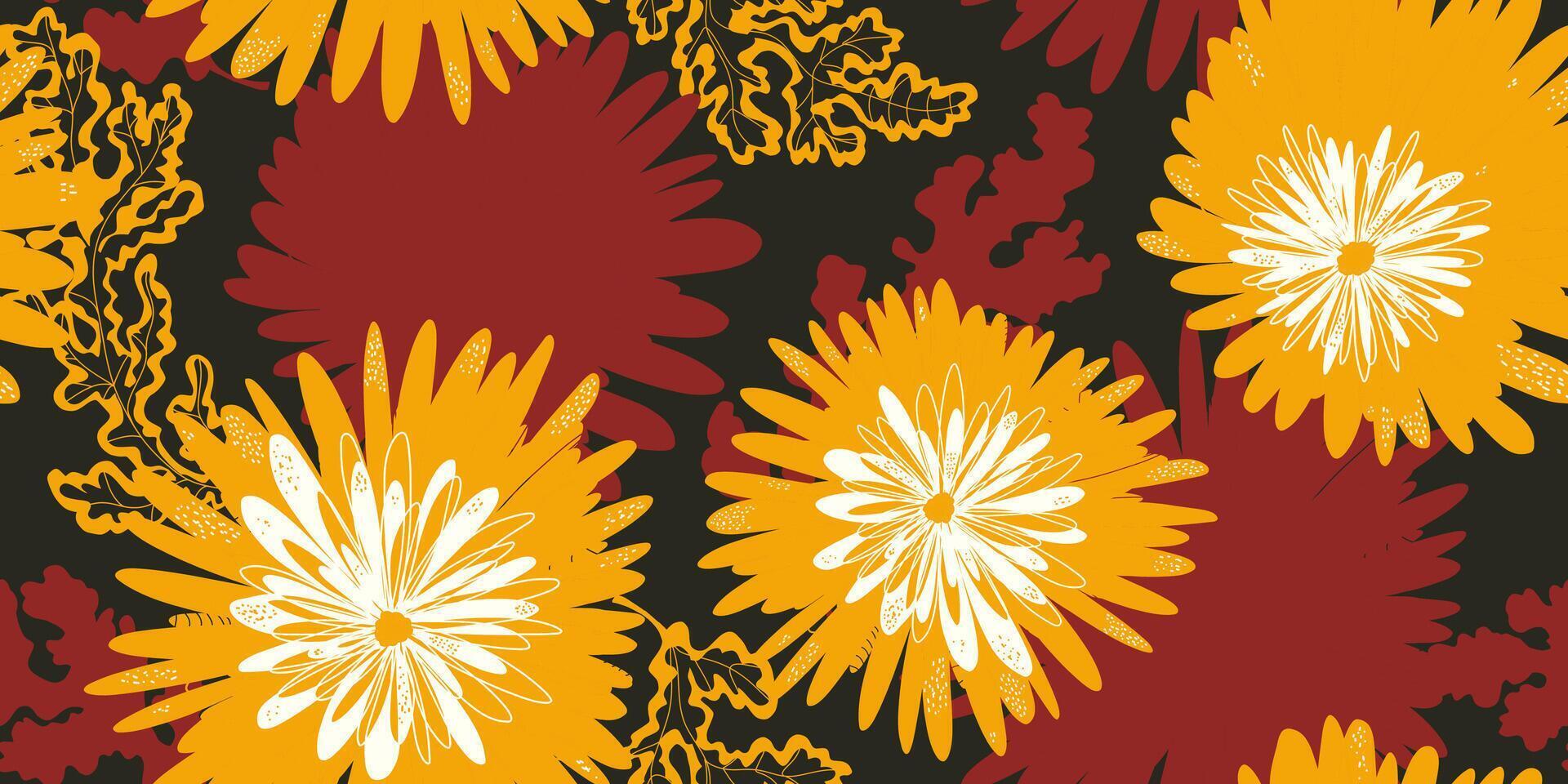 a pattern with yellow and brown flowers on a black background vector