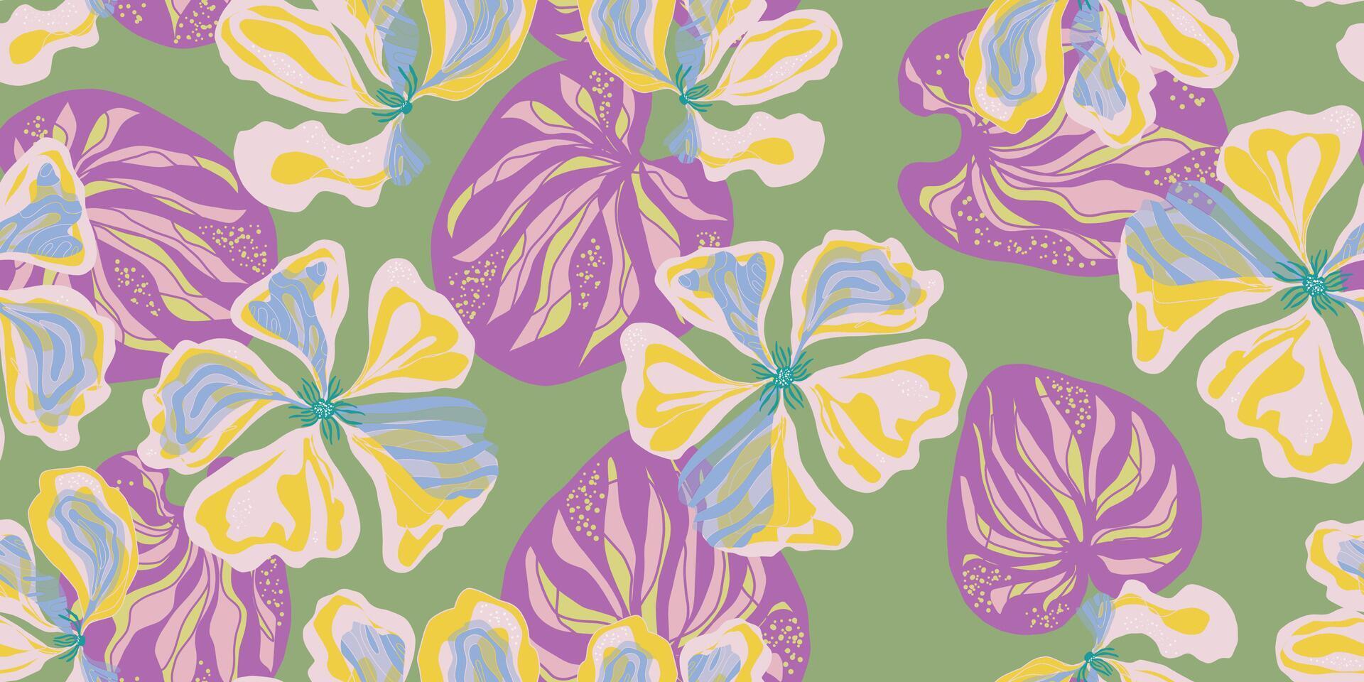 a floral pattern with yellow, blue and purple flowers vector