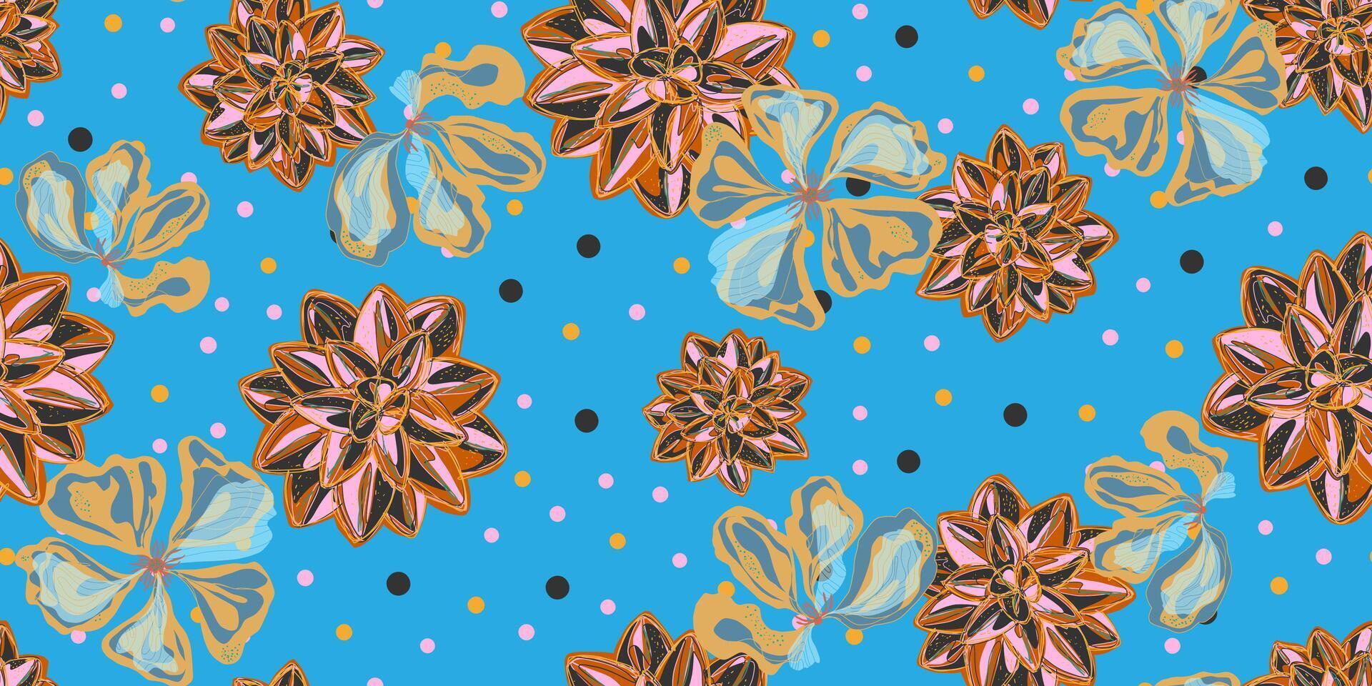 a blue and orange floral pattern on a blue background vector