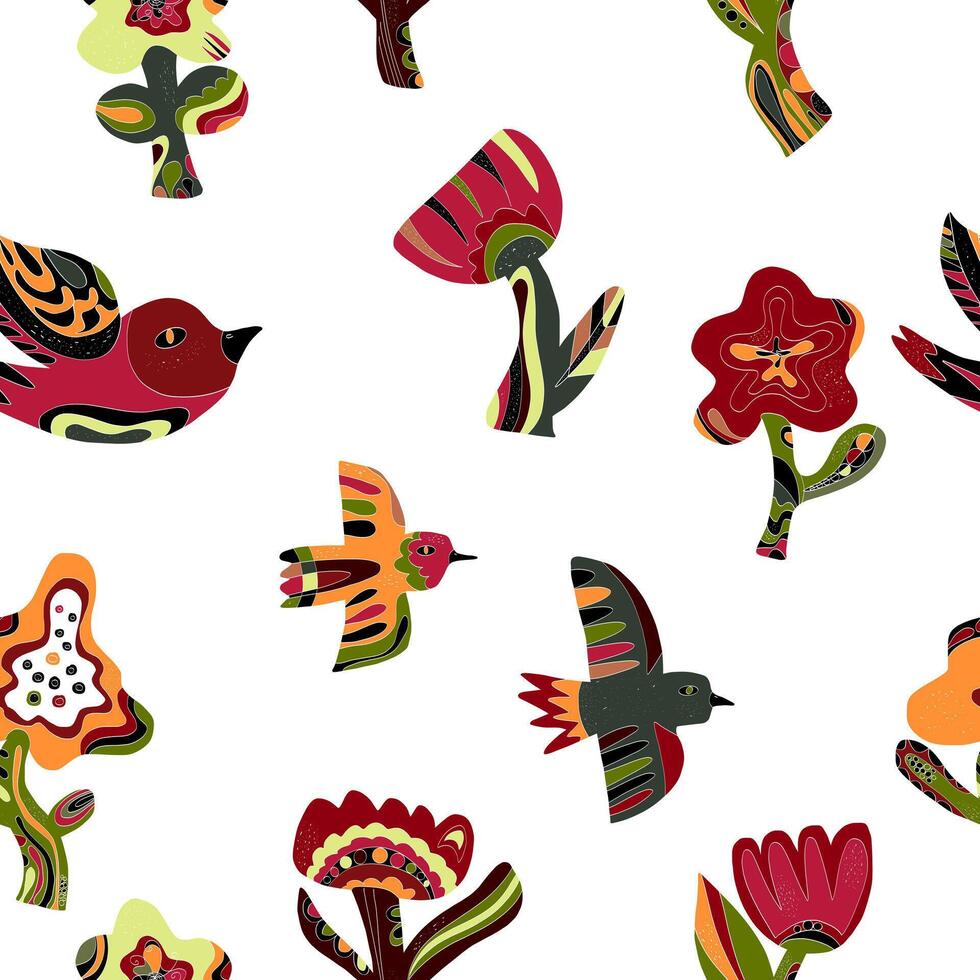a pattern of colorful birds and flowers vector