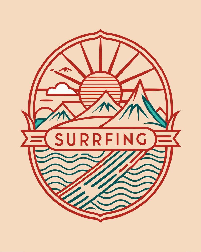 Monoline emblem logo sun and sea with surfing board vintage style vector