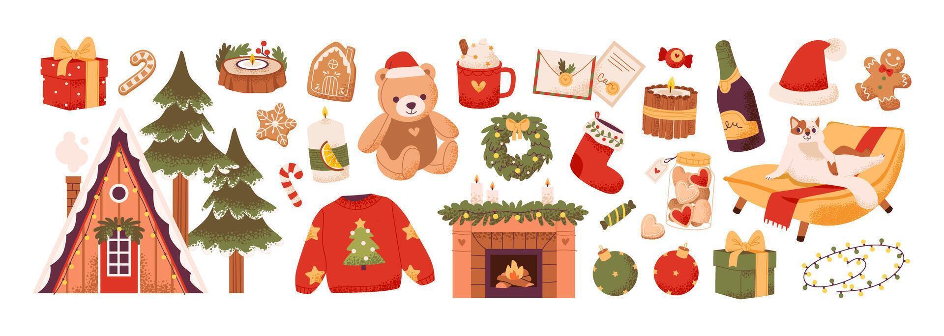 Christmas with wrapped gifts, and festive treats. Gingerbread cookies, a warm fireplace, and holiday decor. Set elements focused on tradition and seasonal cheer. vector